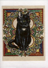 seated black cat on knotwork background
