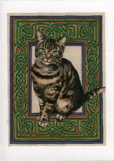 seated tabby on knotwork background