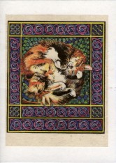 long-haired tortoiseshell cat rolling on knotwork background