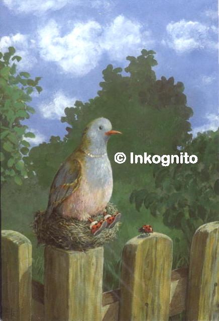 collared dove sitting in a nest on a fence-post, wearing slippers spotted like ladybirds, which a real ladybird is peering at