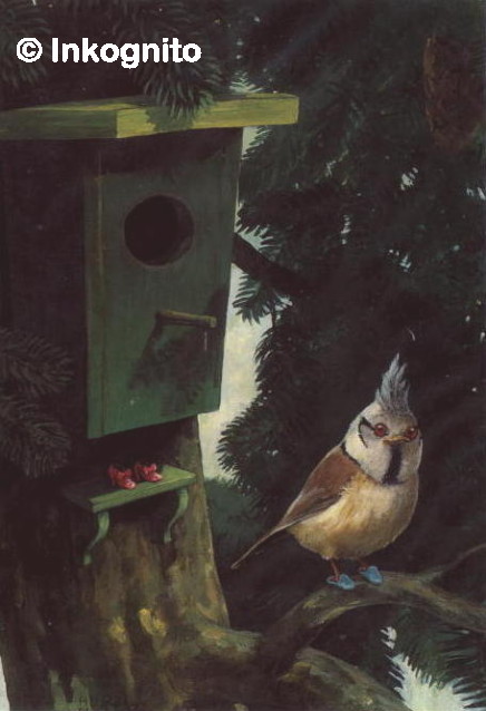 crested tit wearing blue slippers, standing next to a green bird-box in front of which are pink shoes with high heels and bows
