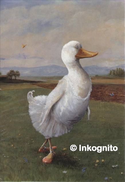 white duck wearing ballet-shoes and tutu
