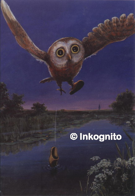 owl wearing slippers flying over river, dropping one slipper