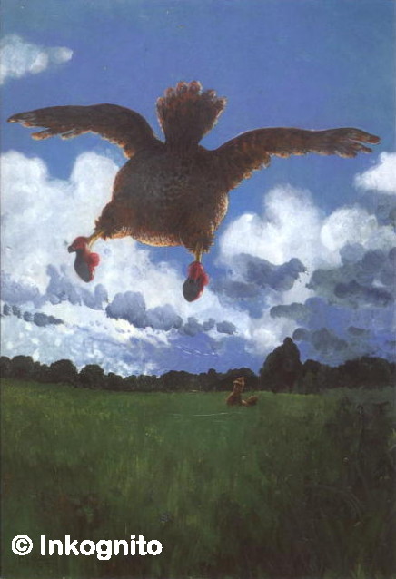 quail wearing red shoes with pompoms, about to crash-land in field, watched by her mate