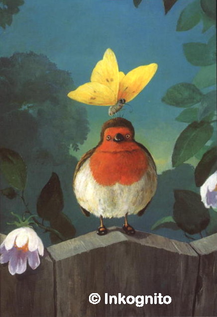fat robin wearing black shoes, standing on fence, with yellow butterfly on his head