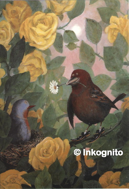 pink-breasted dove on nest among yellow roses, with unidentified brown bird wearing black shoes and offering her a daisy