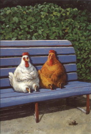 two hens, one white, one golden, wearing shoes, sitting on a park bench