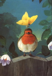 fat robin wearing black shoes, standing on fence, with yellow butterfly on his head
