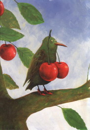 green starling in red high-heeled shoes, wearing pair of cherries as earrings