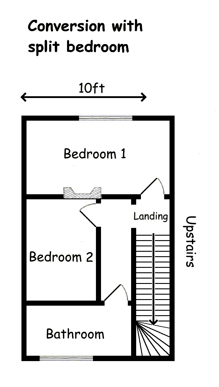floor-plan of upper floor with master bedroom split into small bedroom plus bathroom