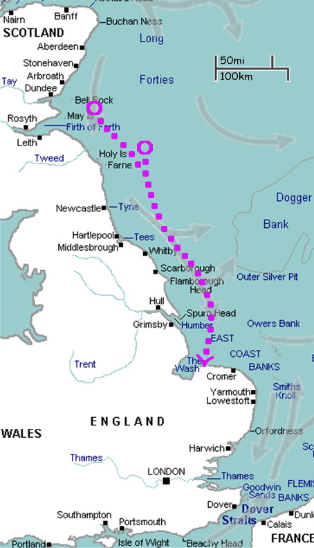 map of the North Sea showing possible routes from Azkaban to The Wash