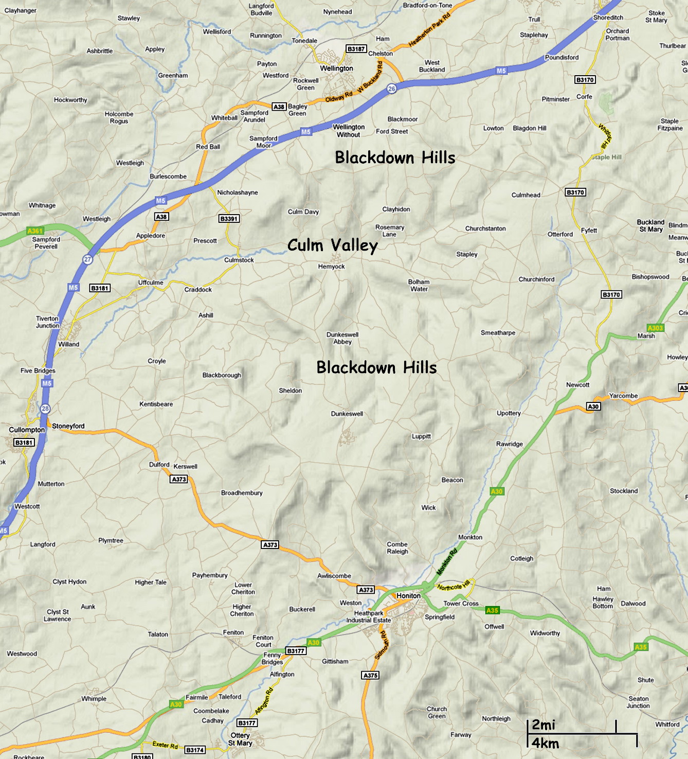 relief map of the Blackdown Hills