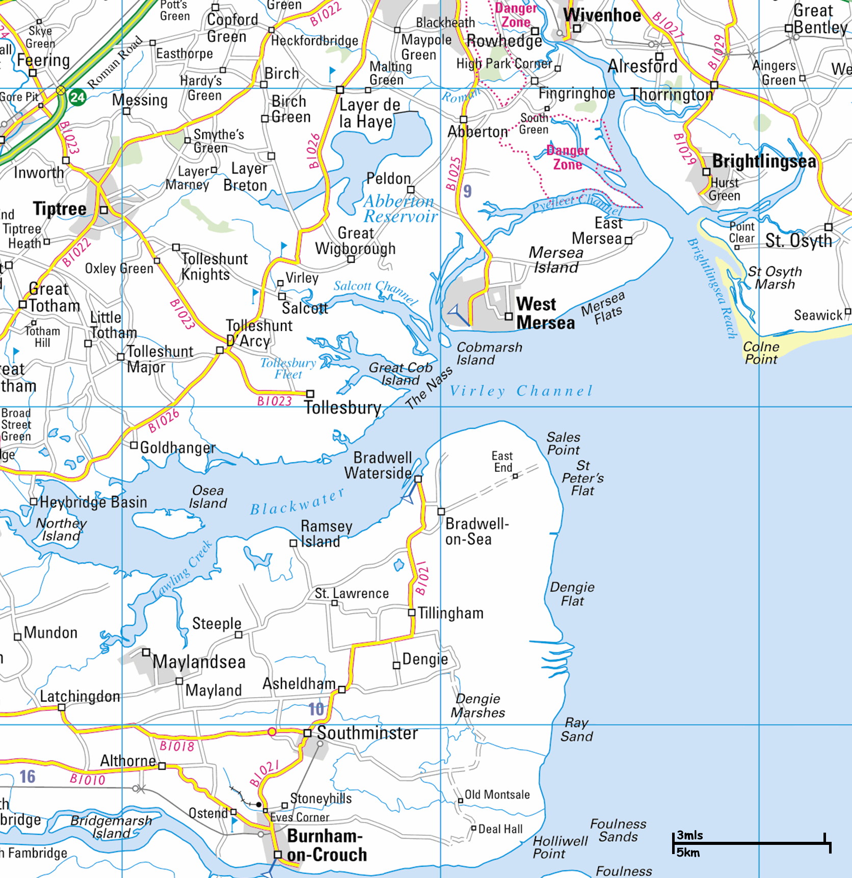map of the area around the Blackwater Estuary