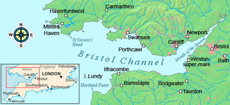 relief map of Bristol Channel, with insert showing its position relative to southern England