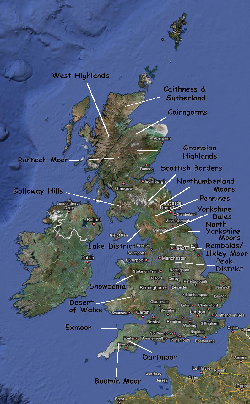 aerial view of British Isles with moorlands in Great Britain marked