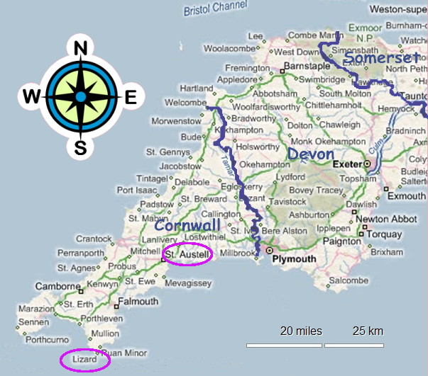 map of Cornwall and Devon