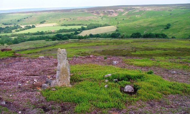 view across small standing stone towards rolling moorland