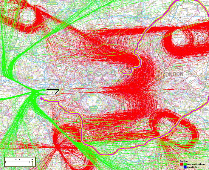 map of Greater London, showing flight-paths of planes from Heathrow, compared with a possible route by broom