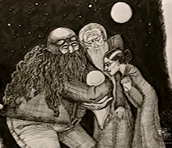 line-drawing of large long-haired man in biker gear, holding a baby wrapped in a blanket and showing it to a long-haired, bearded old man and a thin woman with black hair tied up in a bun