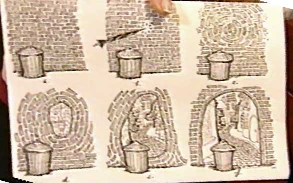 blurred, low-resolution image of drawing of progressive stages of opening a hole in a brick wall to show the entrance to a cobbled street