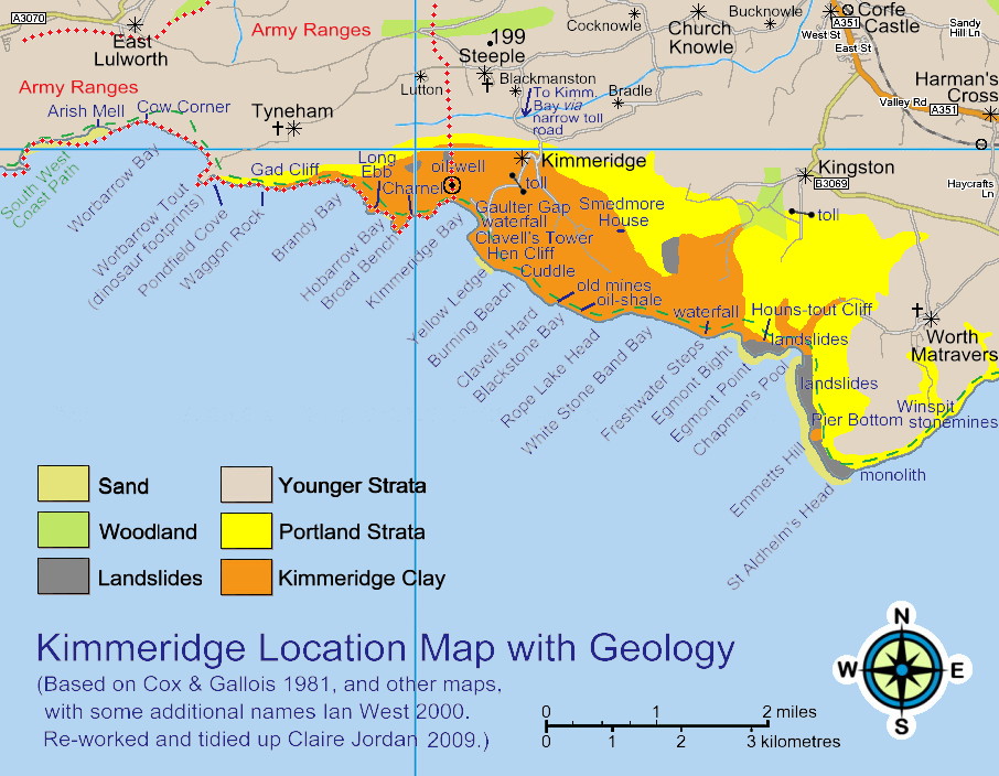 map showing different types of rock strata in the Kimmeridge area