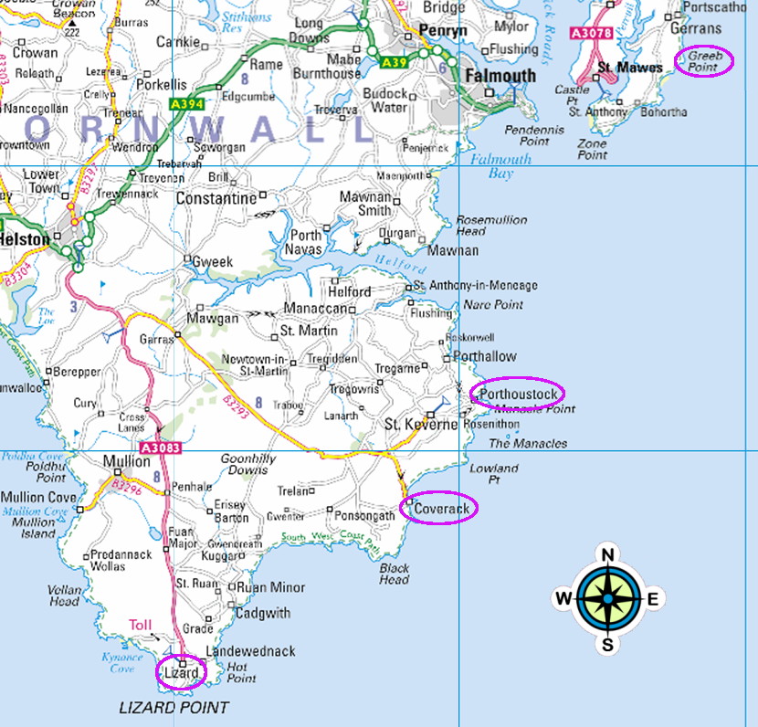 map of the area between Lizard Point and St Austell