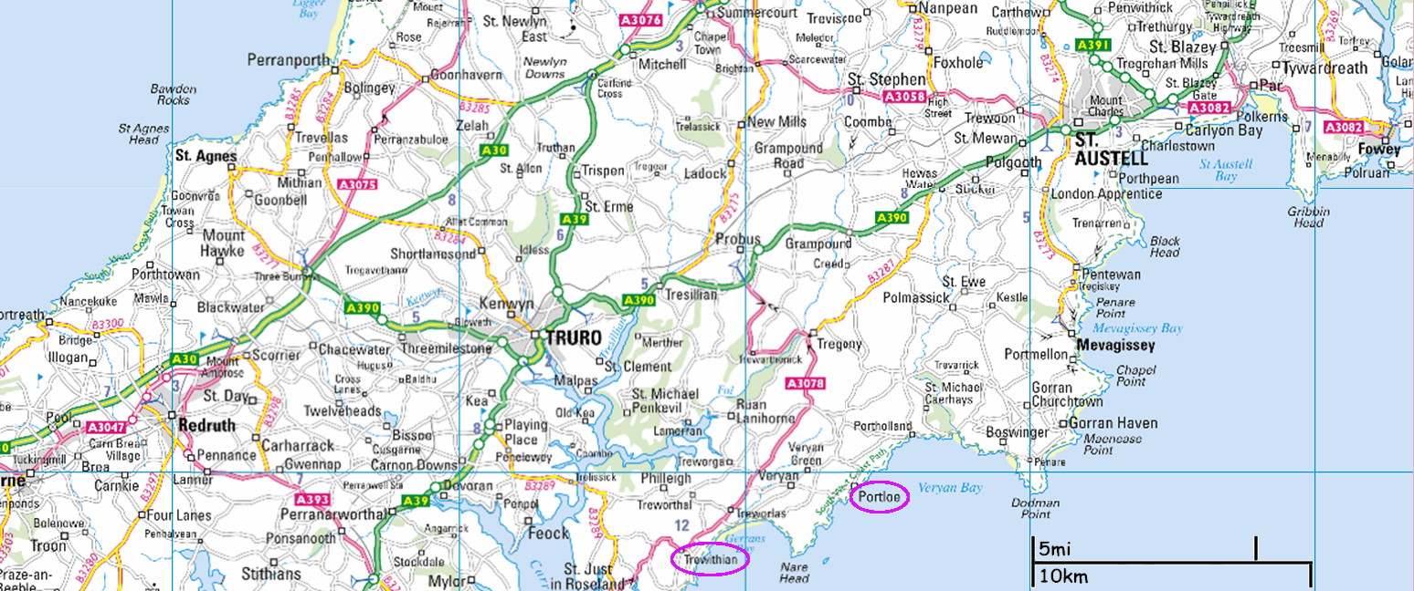 map of the area between Lizard Point and St Austell