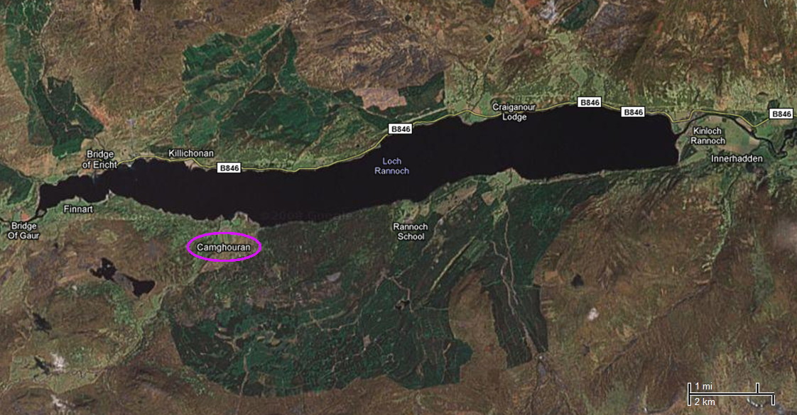 aerial view of Loch Rannoch with position of Camghouran marked