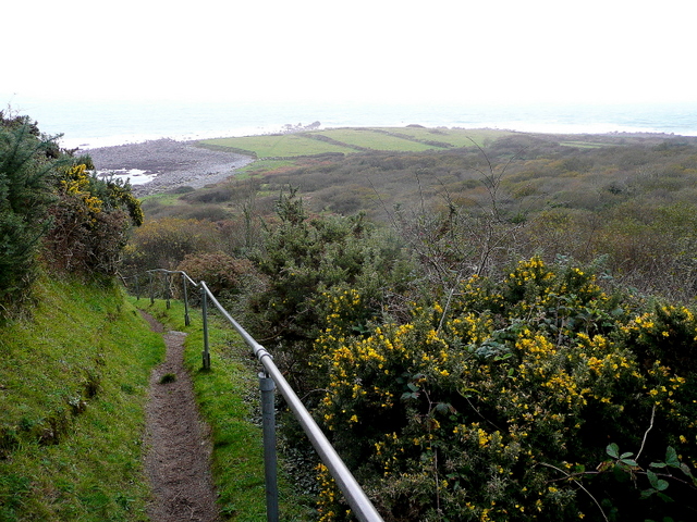 steep path with handrail leading down through gorse towards the sea