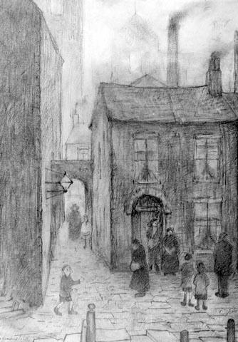 pencil drawing of a cobbled street of small, shabby houses, with factory chimneys towering behind them
