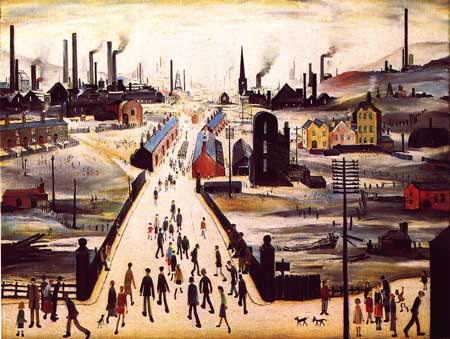 painting of workmen streaming across a bridge, in front of a landscape of factory chimneys and small houses