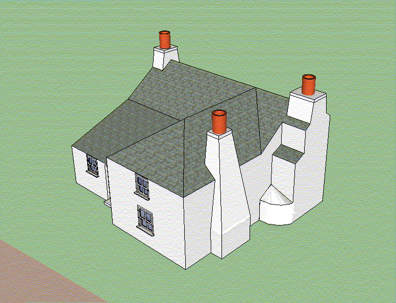 computer-generated coloured drawing of aerial view of small, complicated white cottage, seen corner-on