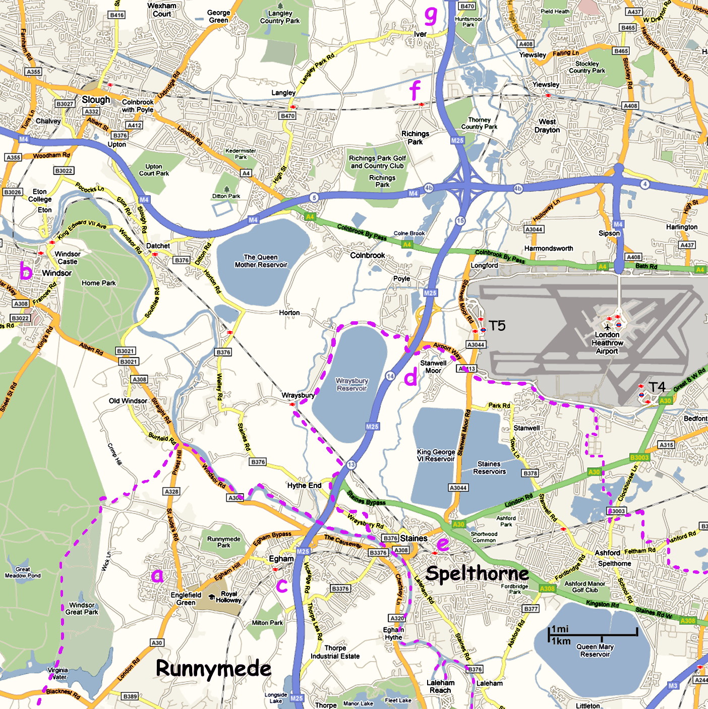 map of the area around Stanwell, Heathrow and Windsor