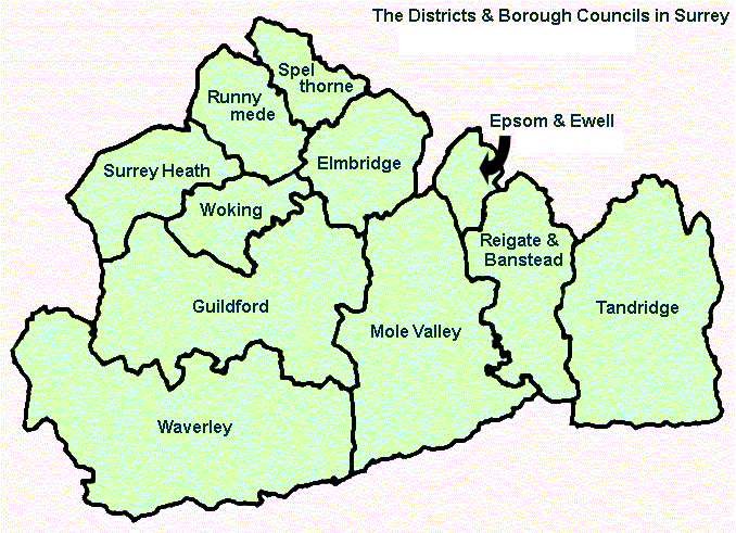 map of Surrey showing boroughs
