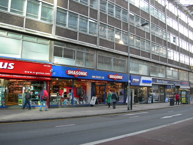 row of modern shops selling electronic goods