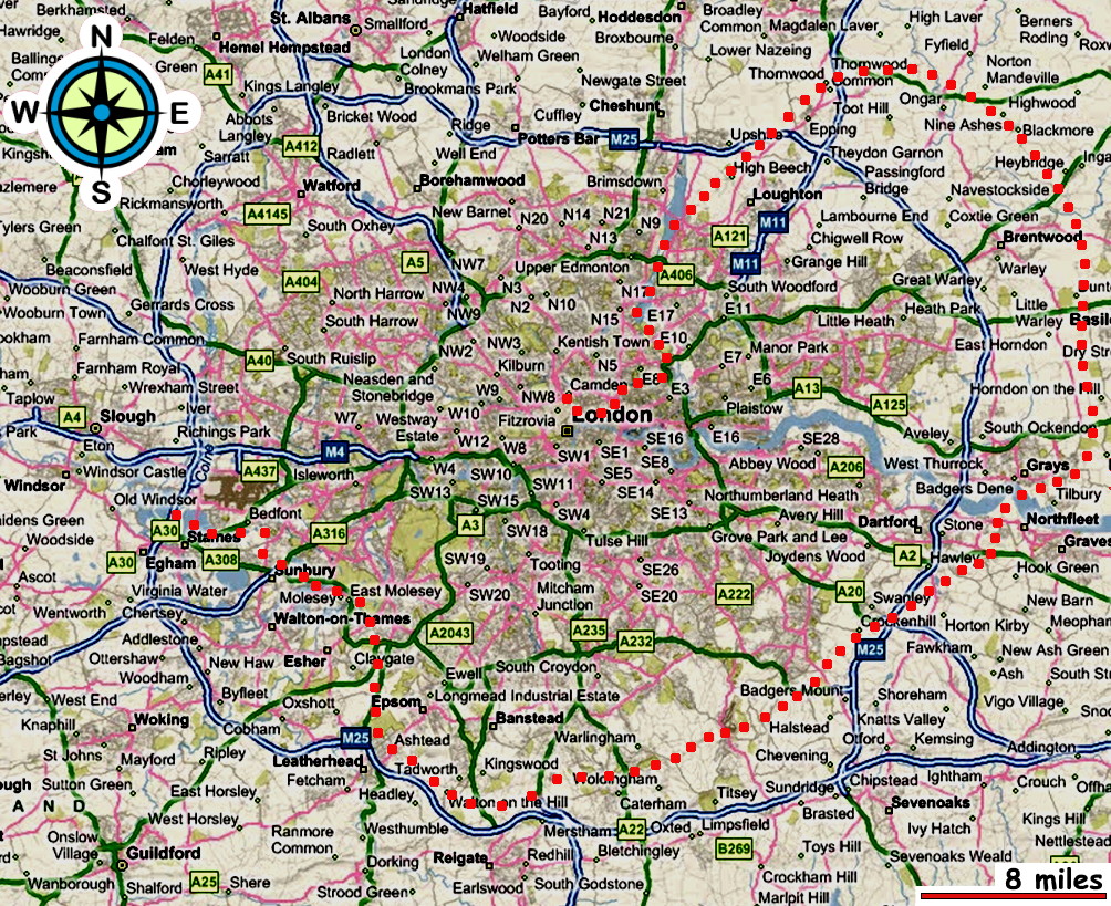 map of Greater London, showing a flight-path which avoids built-up areas