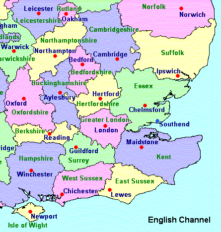 map of the counties of south-east England as far up as Norfolk