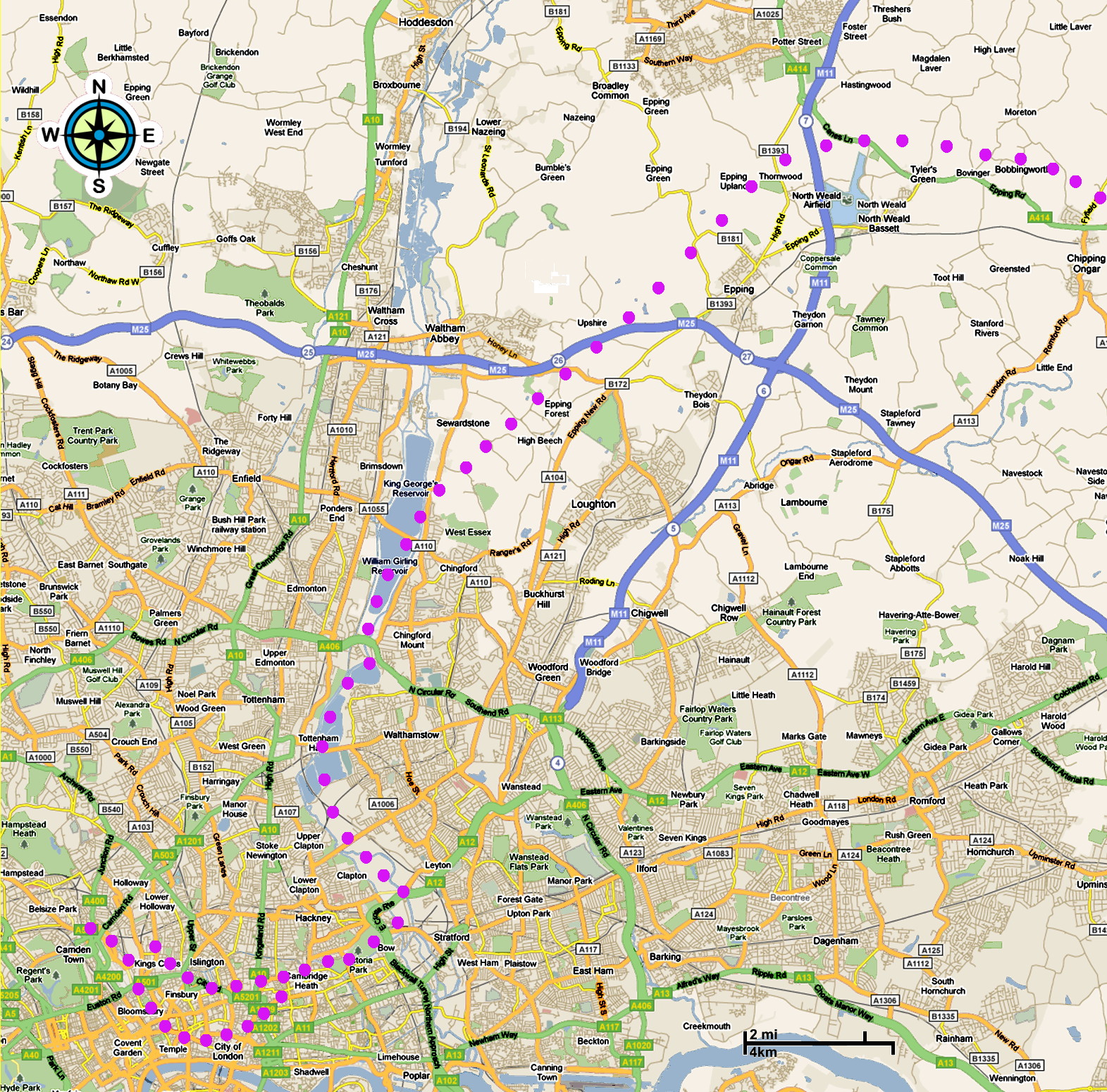 map of the south-east quadrant of Greater London, showing a flight-path which diverges south-west from the M11