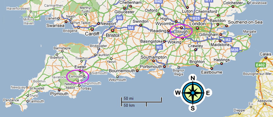 map of the south coast of England, showing position of Exmouth