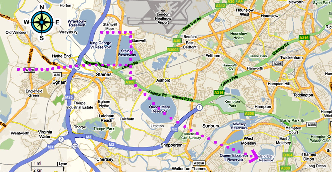 map of the area around Stanwell and Hounslow, showing a flight-path which turns right at Stanwell