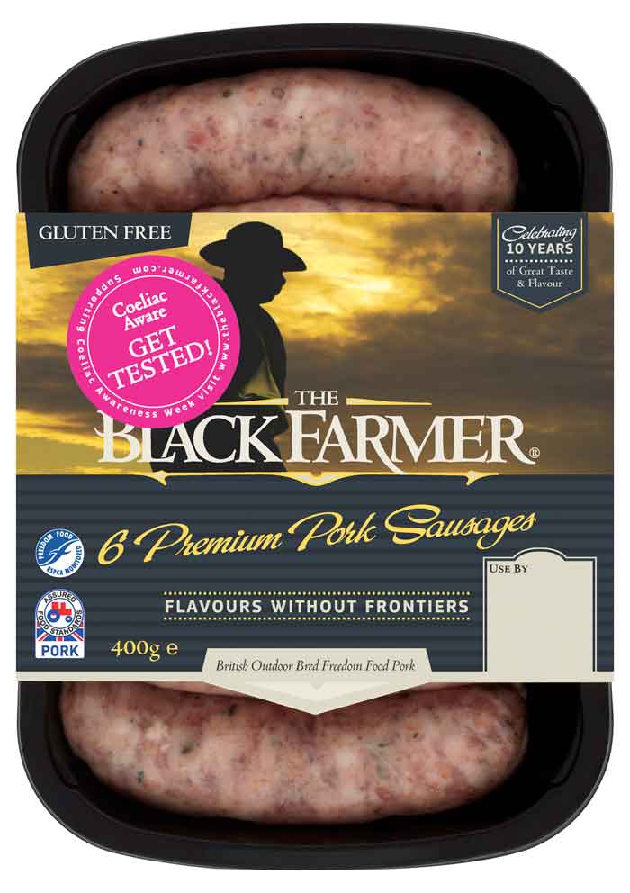 Photo of a packet of pork sausages with a \