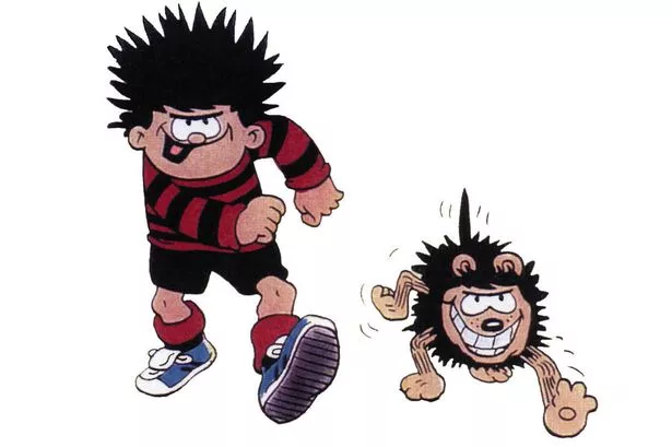 Cartoon of boy with spiky black hair, black shorts and a red-and-black-striped jumper, accompanied by a shaggy black dog