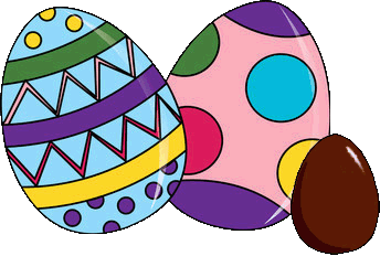 drawing of two large brightly-patterned Easter eggs and one small plain chocolate egg
