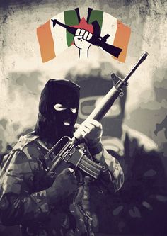 photo montage showing a man in a camouflage jacket and black Balaclava helmet, holding an assault rifle, with a dim image of a man\'s head wearing a gas mask behind him and above him two Irosh flags vertically banded in gold, white and green, with a drawing of a hand holding a rifle superimposed over the flags