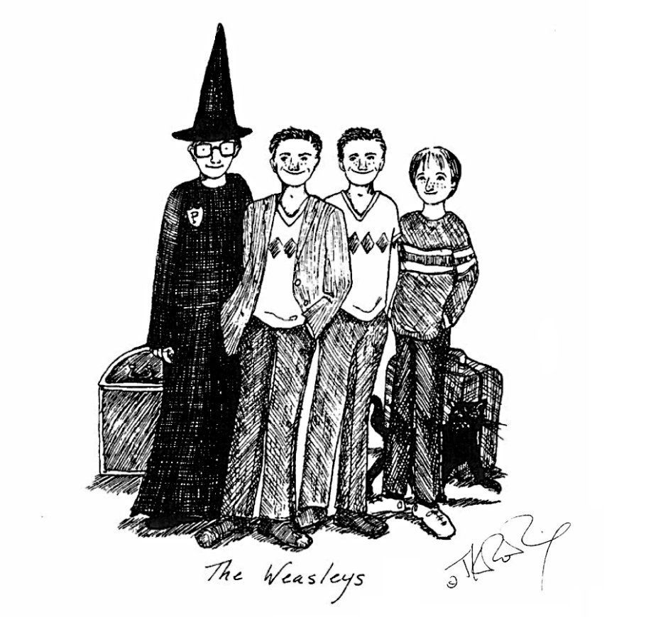 ink drawing of Percy Weasley, the Twins and Ron, Percy in a long black robe and pointed hat, the others in slacks and sweaters, with trunks and a black cat behind them