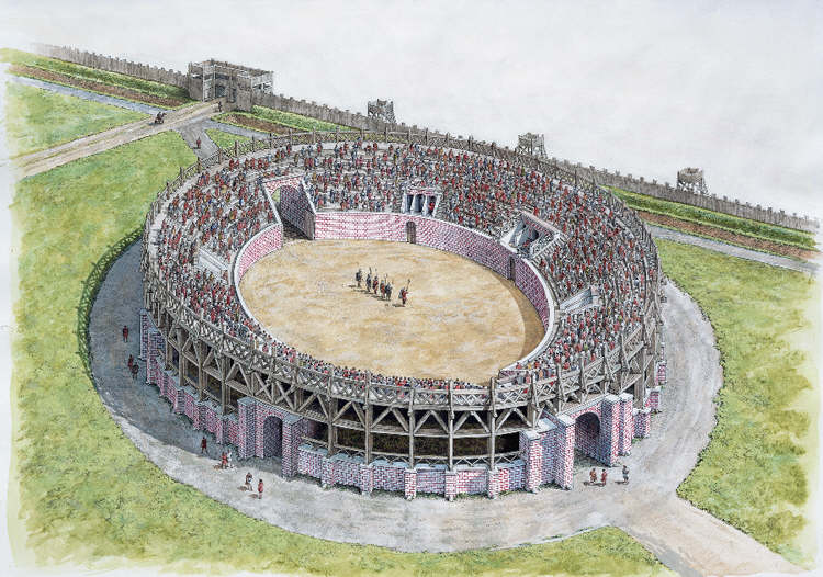 coloured drawing of a medium-sized Roman amphitheatre set in an open grassy area just outside the town walls, seen from above and at an angle and having a stone ground floor and the upper storeys of seats supported on a criss-cross of wooden beams