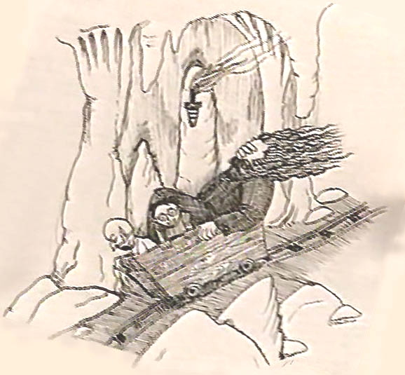 pencil drawing of Griphook the goblin, Harry and Hagrid careering down a sloping, stalactite-lined tunnel on a little wooden gurney on rails, Griphook impassive, Harry gleeful and Hagrid covering his eyes