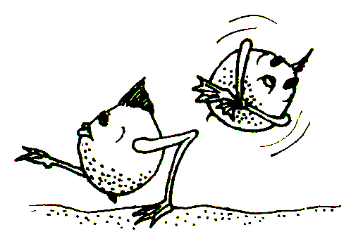 line drawing of two fish with round, dimpled bodies and long frog-like hindlegs, one stalking across the lake floor, the other floating with its feet tangled together