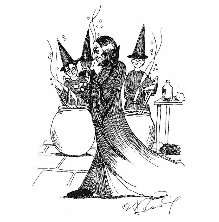 ink sketch of Snape striding across in front of three students with cauldrons and pointed hats