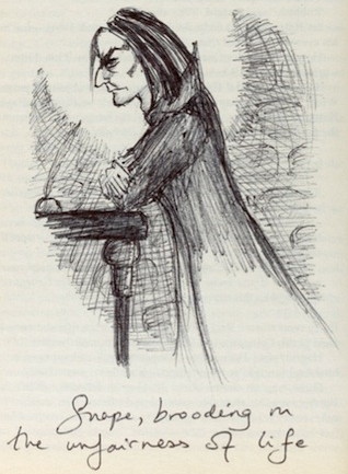 knee-length pencil caricature of Snape seen from his left, wearing a high-collared Dracula-style cloak and leaning forwards with elbows resting on a desk